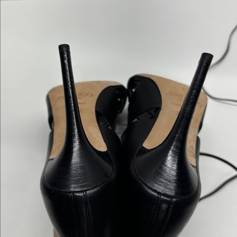 Jimmy Choo Heels Caged Lace Up Open Toe High Heeled Shoes Leather Black Size 7.5 - Picture 8 of 11